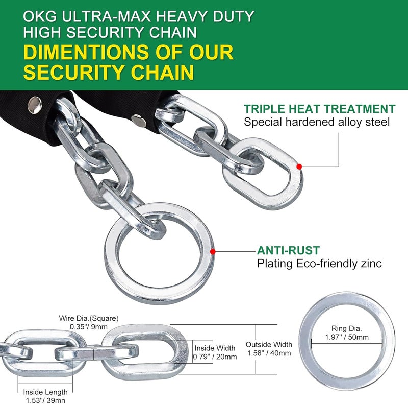 OKG Extra Long Security Chain - 10-Foot x 3/8" Thick Heavy Duty, Eco-Zinc Plated - Uncuttable for Outdoor & Indoor Use - Bike & Motorcycle Lock Chain - For Two+ 2-Wheeled Vehicles - Image 3